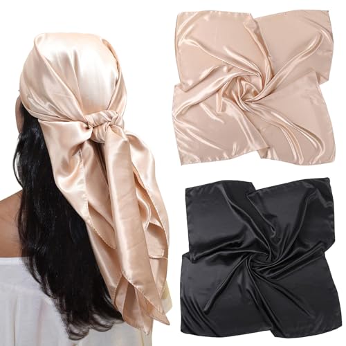 AWAYTR 2-Pack 35" Silk-Like Satin Head Scarves for Women, Square Bandanas - color: Solid Color(black/Camel)