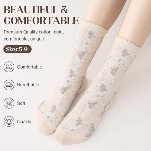 6 Pack Women's Ruffle Socks Cute Frilly Socks Vintage Floral Heart Cherry Pattern Cotton Breathable