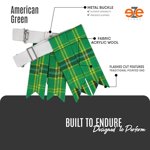EZE Kilt Flashes for Men with Heavy Buckle Adjusters, Plain & Tartan Kilt Sock Flashes Acrylic Wool - color: American Green