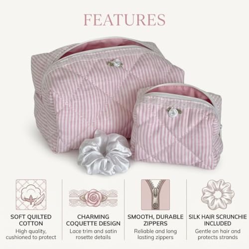 Pink Striped Quilted Makeup Bag Set of 2 with Lace & Rosette + Silk Scrunchie, Cute Soft Cotton Pouch Set, Coquette Pink Makeup Pouch for Purse, Travel Toiletry Bag, Aesthetic Gift Set Women Teen Girl