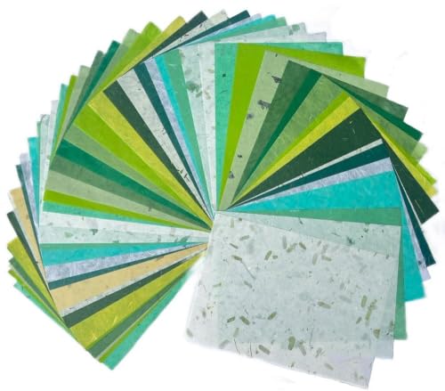 A5 50 Sheets Natural Fiber Mulberry Tree Mulberry Paper Sheets Art Tissue Washi Paper Design Craft Art Origami Suppliers Card Making 8.3" x 5.8". (Green Leaves,Banana Bark, etc.,,, A5) - color: Green Leaves,Banana Bark, etc.,,, size: A5