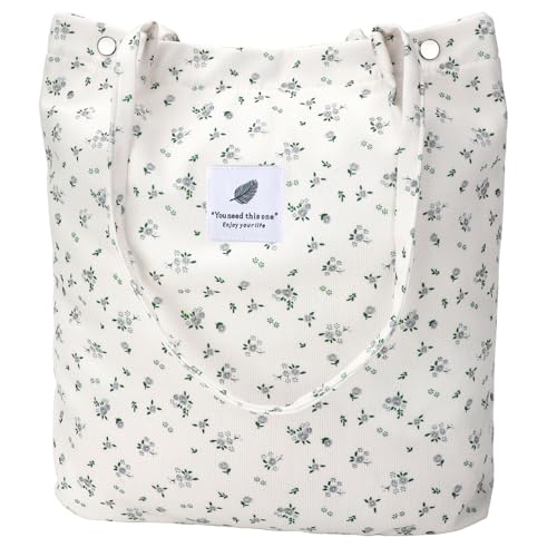 Ayieyill Corduroy Tote Bag for Women Canvas Shoulder Cord Purse with Inner Pocket - color: Beige/Gy Floral