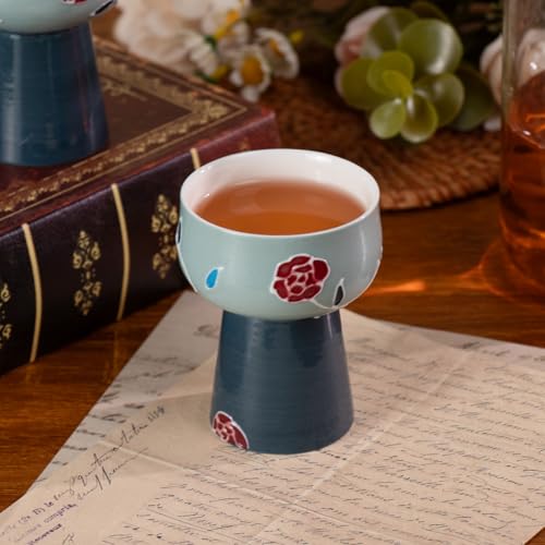 KAMMAK Tea Cup Set of 2 Small Tea Cups 2.1oz Blue Porcelain Tea Cup Set, Asian Ceramic Teacups for Home, Party, Office, Chinese Kung Fu Tea Set for Hot/Cold Drink (Mingji Mountain) - style: 706N High Foot Blue