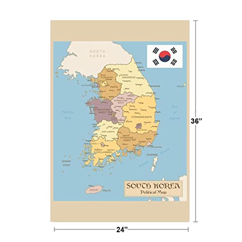 South Korea Vintage Political Map Poster Republic of Korea Provinces with Flag With North Korea Yellow Sea Of Japan Geography Map Cool Wall Art Print Poster 24x36 - size: 36"L x 24"W