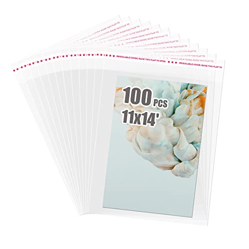 Egofine Self Sealing Cellophane Bags 100 PCS, Crystal Sealed Clear Bags for 11x14 Art Prints, Bag Size: 11.41x14.57 inches - color: 11"x14"Pack of 100