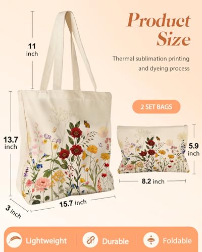 Miss Adola Canvas Tote Bag with Matching Makeup Pouch - color: New Retro Flowers