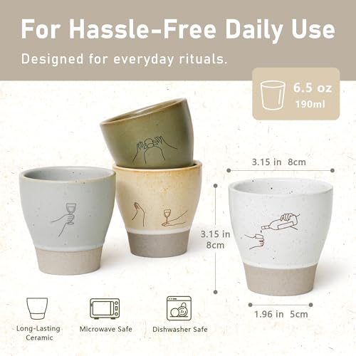 Jottings Retro Cute Handleless Japanese Tea Ceramic Cup 6.5 oz, Set of 4 - color: bridal shower/housewarming gift
