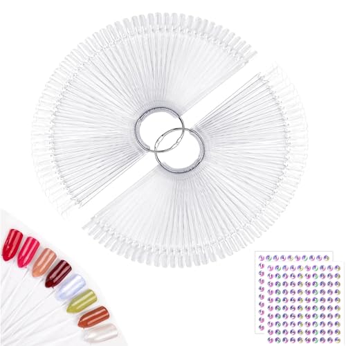 Subay 100pcs Fan-shaped Nail Swatches Sticks with Number Stickers, False Fake Nail Art Tips Sticks Polish Gel Salon Display Practice Tools with Metal Split Ring Holder - color: Clear 100Pcs