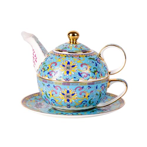 KAMMAK Tea for One Set, Ceramic Teapot, Bone China Tea Set, Cup and Saucer - color: Lake Blue
