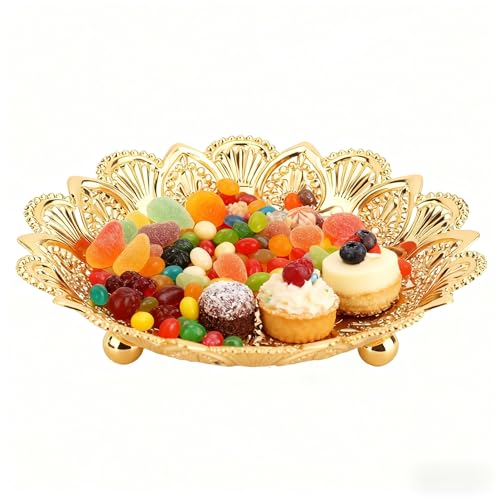 Tissting Round Gold Metal Serving Tray, Coffee Table Trays Decorative, Vintage Fruit Bowl, Vintage Metal Dessert Plates, Turkish Embossed Decorative Tray for Coffee Bar Snack Dessert (5.5") - size: 5.5"