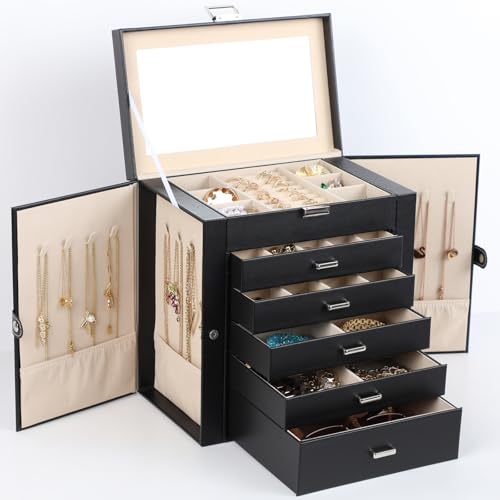 BOOVO Large Jewelry Box for Women 6 Layer - color: Silver and Black, size: 6 Layer