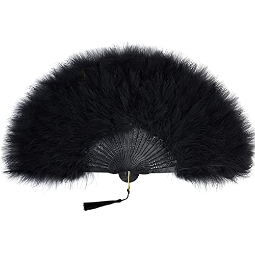 BABEYOND 1920s Marabou Feather Folding Hand Fan - color: Black-black Rib