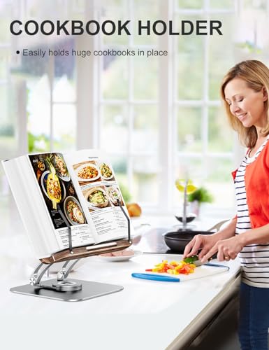 Tounee Book Stand for Reading, Adjustable Book Holder with 360° Swivel Base, Foldable Cookbook Stand Recipe Book Holder with Elastic Page Clips for Music Scores, Recipe, Tablet, Laptop-Silver - color: Silver