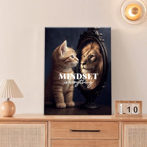 Motivational Lion And Cat Wall Art For Kids Mindset Is Everything Nursery Canvas Wall Decor Inspirational Pictures Paintings Prints Artwork Framed Decorations For Children's Room Bathroom Bedroom Living Room Office Gifts 12" x 16" - color: Cat And Lion, s