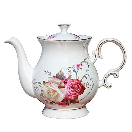 European Style Ceramic Flower Teapot Coffee Pot Water Pot Porcelain Gift Large 5.5 Cups (1, Rose) - color: Rose
