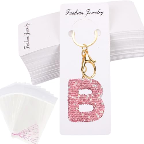100 Set Keychain Display Cards with Bags,Jewelry Packaging Blank Hanging Cards for Selling - color: White-letter