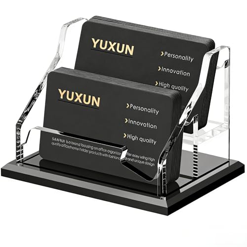 YUXUN Black Business Card Holder for Desk-2 Tier 2 Slot, Acrylic Business Card Holder for Women Men, 100+ Business Cards Display Stand, Multiple Business Card Display for Exhibition, Home, Office