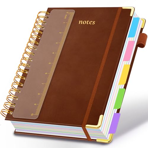 Hardcover Spiral Notebook 8.5"x11" Journal Notebook with Tabs and Removable Dividers 300 Pages 5 Subject Notebook College Ruled, Faux Leather Spiral Bound Notebook for Women School Work (Brown) - color: Brown, size: 8.5"x11"(A4)