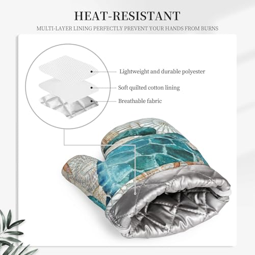 Vintage Nautical Sea Turtle Oven Mitts and Pot Holders Sets, 4pcs Silicone Non-Slip Kitchen Mitts Potholders Heat Resistant BBQ Gloves Hot Pads for Cooking Grilling Baking Microwave Chef Gifts Decor - color: 5