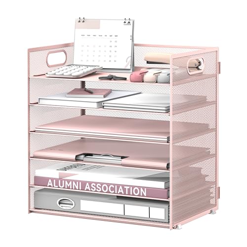 Daltack 6-Tier Paper Organizer for Desk with Handle, Pink - color: Pink