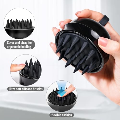 SHINLEA 2 in 1 Scalp Massager Hair Growth,Scalp Scrubber with Soft Silicone Bristles for Dandruff Removal,Shampoo Brush for Exfoliation,Head Massager for Both Wet and Dry Use (Black) - color: Black