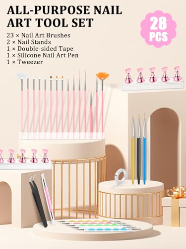 YOOVR 28-In-1 Nail Art Tools with Nail Stand, Nail Stuff, Nail Art Brushes - color: Pink