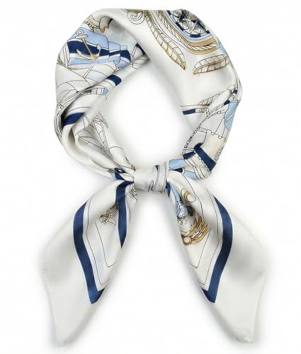 corciova Women’s Square Scarf 27.5 in (70 x 70 cm), Satin-Feel Polyester, Lightweight Fashion Scarf for Hair, Neck and Bag - color: Anchor & Sailboat (White / Navy Blue / Gold)