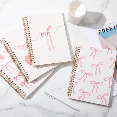 4 Pack Pink Bow Notebooks for Teen Girls & Women, Cute School Supplies, A5 - color: Pink, style: Bow Style