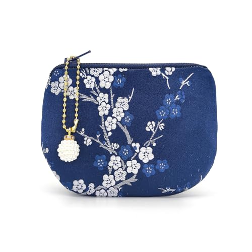 Handmade Women Coin Purse Brocade Rosary Bag Silk Jewelry Pouch Zipper Wallet - Navy - color: Navy