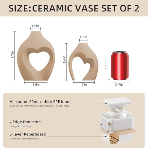 Ceramic Flower Vases Home Decor Heart Shaped Vase Set of 2 - color: Brown