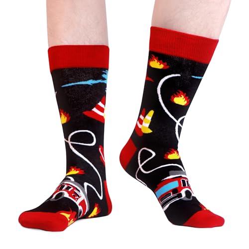 WeciBor Men's Combed Cotton Novelty Crew Socks Size 7-15 - color: Black/Red/Multicolor Firefighting-4m, size: 7-12