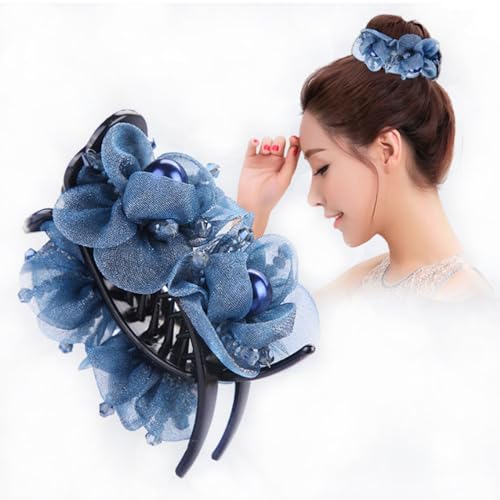 1pc Upscale Hair Claw Clips Hair Jaw Clips Decorated with Gauze Flowers and Pearl Beads for High Hair Bun Holder Hair Accessory for Women Girls (Blue)