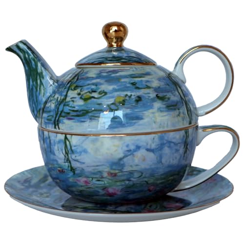 Porcelain 13 OZ Tea for One Teapot and Cup Set Vintage Floral Ceramic Tea Set European Style Tea pot and Saucer Set (Water Lily) - color: Water Lily