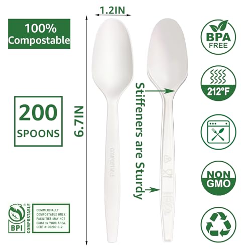 MISISIPI 200Count 100% Compostable Spoons Biodegradable Spoon HeavyDuty No Plastic Spoons Eco-friendly HeavyWeight Disposable Spoon Tableware Set for Lounge,Party,BBQ,Cafeteria,Wedding,Picnic - style: SPOONS-200
