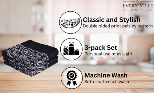 Every-ville Cotton Bandana Handkerchief for Men & Women, 3 Pack - color: Black