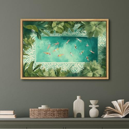 SIGNFORD Framed Canvas Print Wall Art Tropical Aerial Pool Scene Modern Summer Vacation Illustrations Modern Art Decorative Boho Relax/Zen for Living Room, Bedroom, Office - 16x24 NATURAL - color: B08-2508-M22, size: 24"L x 16"W