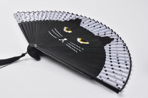 8.27" Hand Held Bamboo Silk Folding Fan, Foldable Small Hand Fan,Chinese/Japanese Charming Elegant Vintage Retro Style,Women Ladys Girls Best Gifts (Black cat) - color: Black cat