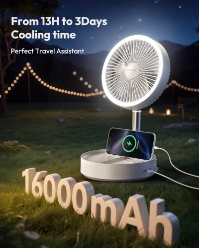 Gaiatop Portable Pedestal Fan 16000mAh Battery [Max 74h Runtime], Foldable Oscillating Standing Fan, Collapsible Desk Fans, LED Light, Case & Remote Control 4 Speeds for Outdoor Travel Camping (White) - color: White