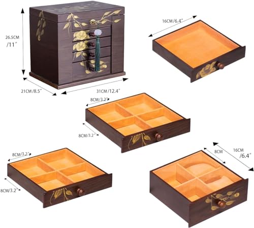 Wooden Jewelry Box for Women, 5-Layer Large Lock with Drawers - color: Brown（L）