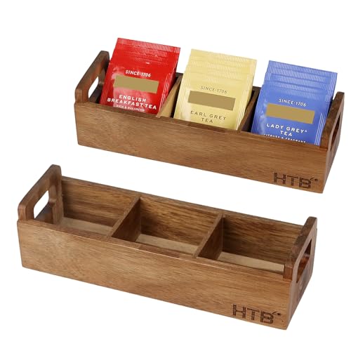 HTB 2 Pack Acacia Wood Small Tea Bag Box with 3 Compartments for Counter - color: Acaica Wood 2PCS