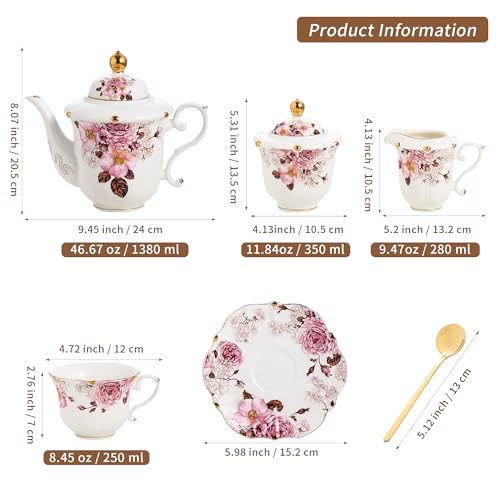 TATSUMI Country Roses Porcelain Tea Set, European Ceramic tea set for adults,Vintage Style, For Women and Tea Parties (Chocolate Red, 21 Pieces Set) - color: Chocolate Red, size: 21 Pieces Set