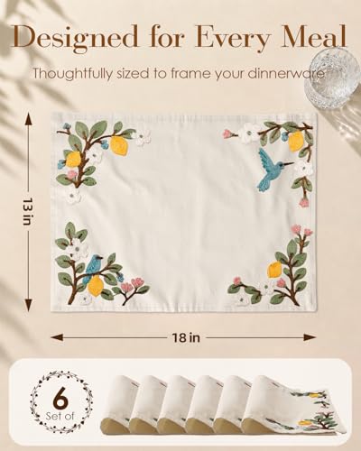 Embroidered Placemats Set of 6-13"x 18" 6PCS Embroidered Rustic Washable Fabric Place Mats Farmhouse Boho Dining Table Mats Dinner Placemats, Lemon Bird - color: Lemon Bird
