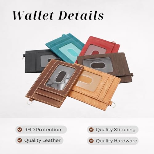 Leather Credit Card Holder with Keychain, Slim RFID Wallet (Tan) - color: Tan