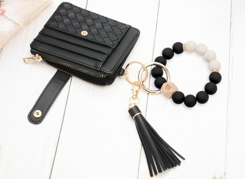 COOLANS Silicone Bracelet Wristlet Wallet Credit Card Holder RFID ID Window Key Ring Tassel Slim Wallet Women Keychain Purse - color: Black