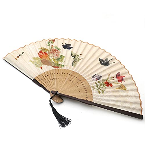 Folding Hand Fan for Women - Foldable Chinese Japanese Vintage Bamboo Silk Fan - with Tassel and Pouch, Perfect for Decoration, Dance, Wedding,Party,Gifting（Colorful Butterflies） - color: Colorful Butterflies