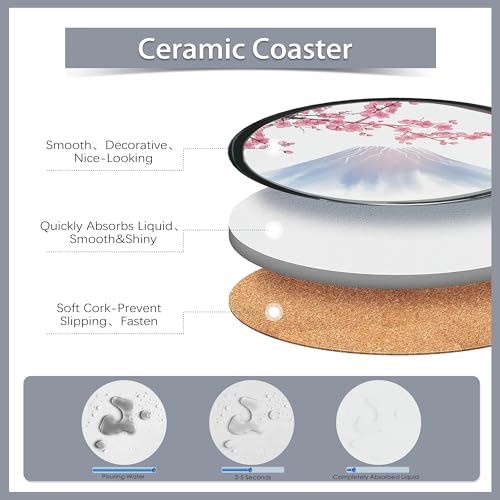 Drink Coasters Set of 6 with Holder,Japanese Cherry Blossom and Fujiyama Mountain Absorbent Ceramic Coasters with Cork Base,Fit All Cups,Tabletop Protection Mat for Mugs and Cups,Office,Kitchen - color: Japanese Cherry Blossom and Fujiyama Mountain