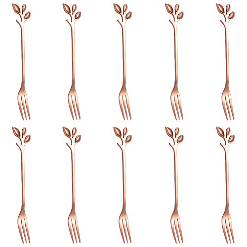 AnSaw 10-Piece Rose Gold Leaf Dessert Forks Set - 4.7" Mini Cocktail Fork - color: Rose Gold