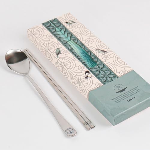 ONGI Korean Spoon and Chopstick 1 Set – Premium 18/10 Stainless Steel – Korean Heritage Design – Gift-Ready – Made in Korea – Dishwasher Safe (Hee Classic Silver 1 Set) - color: Silver 1 Set