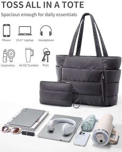 Bagstellar Puffer Tote Bag for Women, Lightweight Puffy Travel Gym Work Bag - color: Charcoal Grey