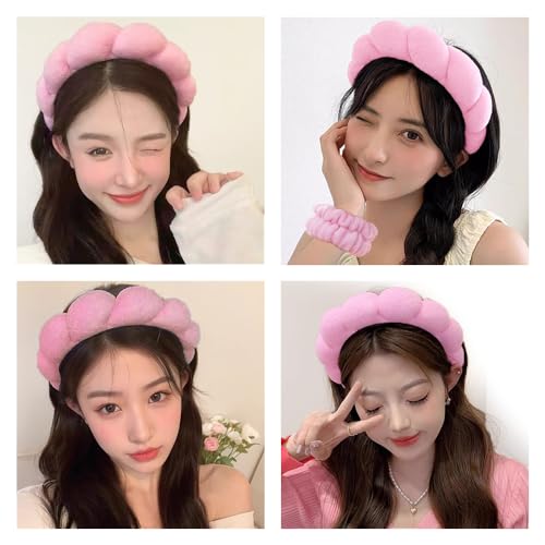 Tetizo Spa Headbands for Washing Face Wristband Set Sponge Makeup Skincare Headband Wrist Towels Bubble Soft Terry Towel Cloth Hairband for Women Puffy Headwear Non Slip Thick Hair Headwear (Pink) - color: Pink